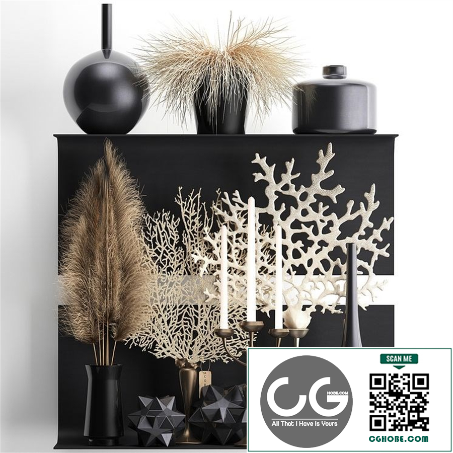 A collection of bouquets of dried flowers in vases on a black metal shelf with pampas, coral, Cortaderia, candlestick. Set 12.